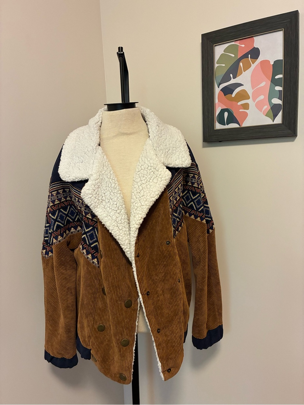 SHEIN Brown Corduroy Teddy-Lined Jacket with Navy Patterned Yoke